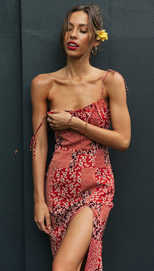 Tropical Red Floral Slip Dress | Adjustable Spaghetti Straps, Lightweight Summer Fit | noémi
