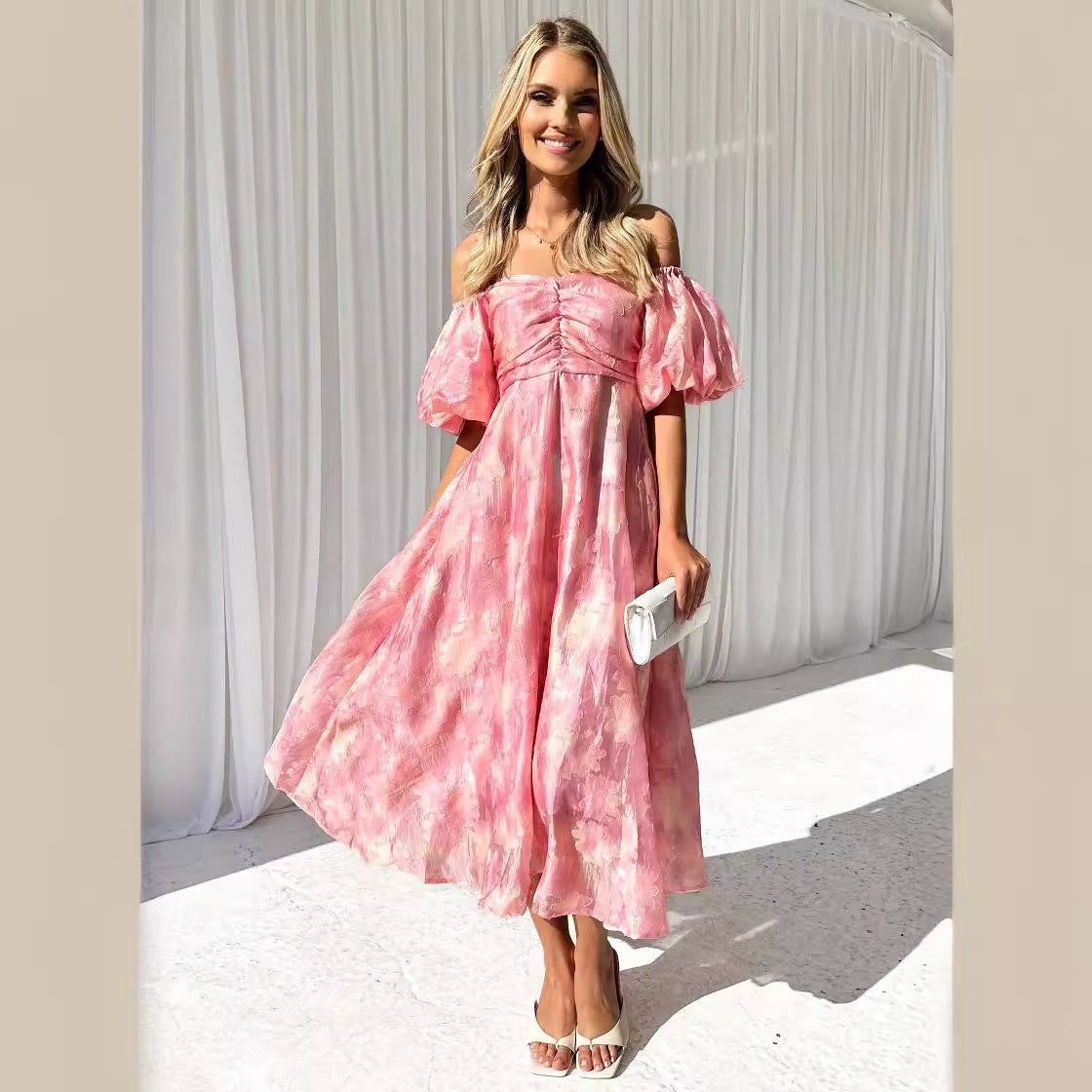 Womens Off Shoulder Floral Midi Dress with Mid Waist | noémi