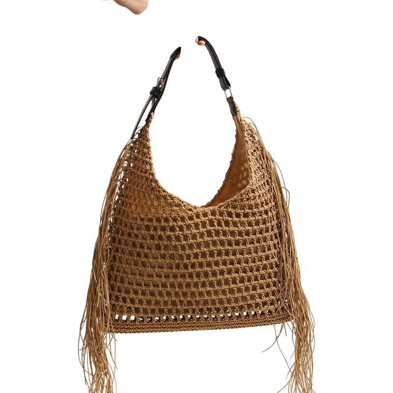 Tassel Straw Shoulder Bag – Hollow-Out Woven Beach Tote, Large Capacity, Natural | noémi
