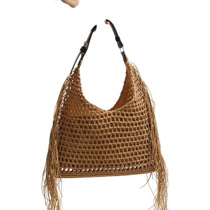 Tassel Straw Shoulder Bag – Hollow-Out Woven Beach Tote, Large Capacity, Natural | noémi