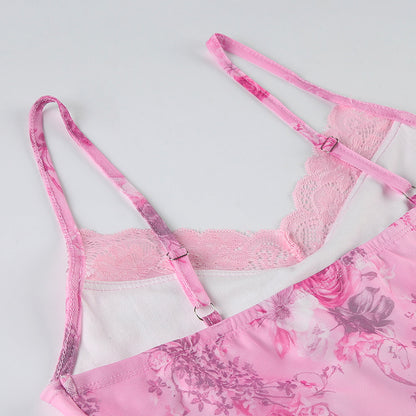 Lace Patchwork Dress | Retro VNeck Sling Dress | Irregular Hem | Floral Print Mini Dress | noémi