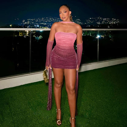 Mesh Sleeve Bodycon Dress | Bandeau Halter Finger Fit Design with Ribbon Detail | noémi