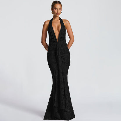 Womens Lace Pleated Maxi Dress with Deep V Neck and Backless Sheath Design | noémi