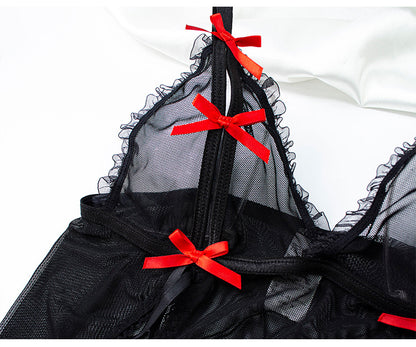 Womens Lace Up Cutout Lingerie Set with Bow Suspender and Matching Headband | noémi