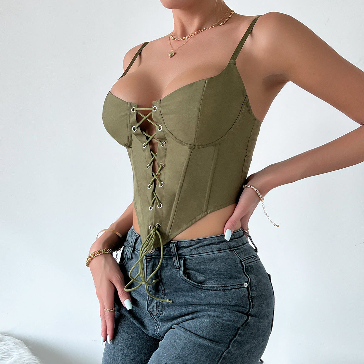Slim Lace Up Corset Top with Boning & Button Detail | noémi