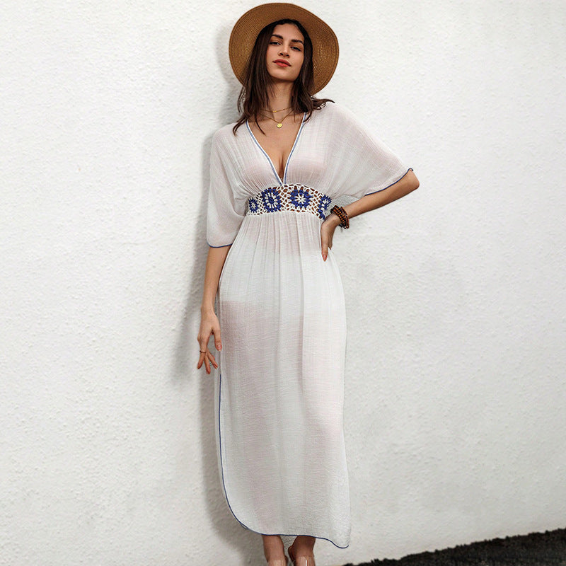 Cover Up Dress | White Midi Kaftan with Blue Floral Detail | noémi