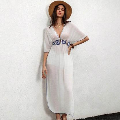 Cover Up Dress | White Midi Kaftan with Blue Floral Detail | noémi