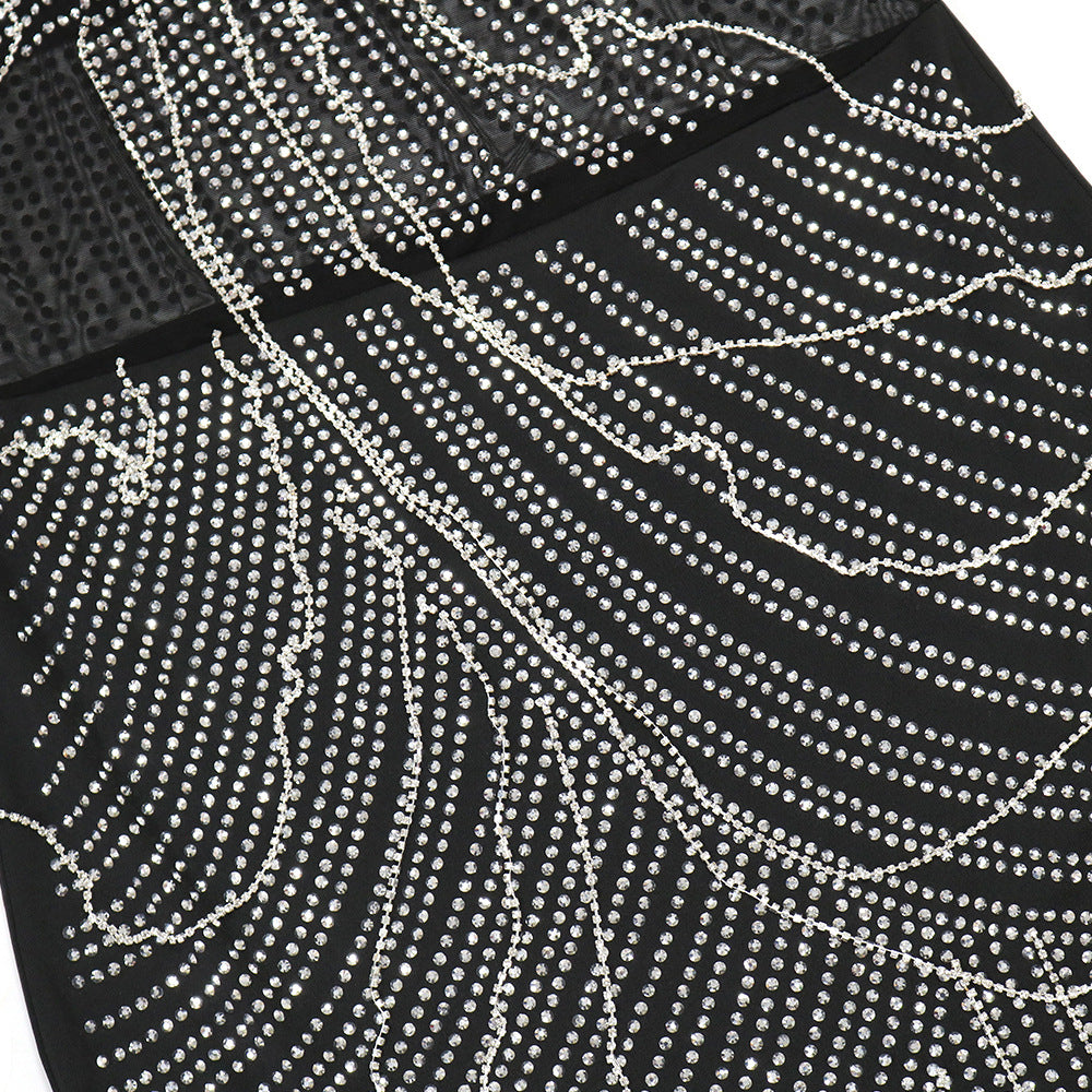 Mesh Panel Milk Silk Dress with Chain Straps and Rhinestone Detail | noémi