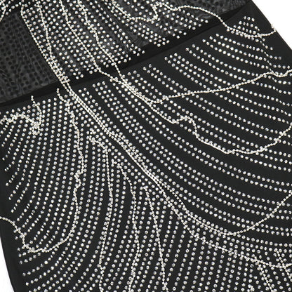 Mesh Panel Milk Silk Dress with Chain Straps and Rhinestone Detail | noémi