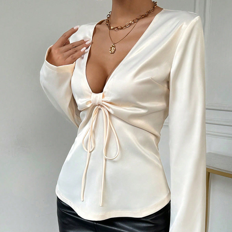 V Neck Bow Tie Long Sleeve Shirt | Womens Top | noémi
