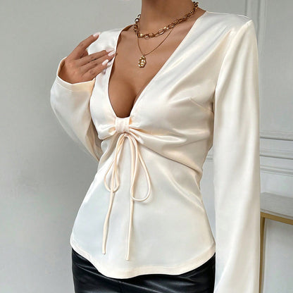 V Neck Bow Tie Long Sleeve Shirt | Womens Top | noémi