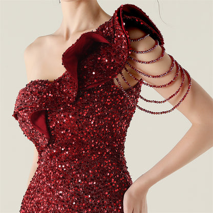 One Shoulder Ruffled Sequin Gown | noémi