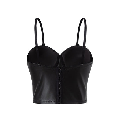 Black Leather Corset Top | Womens Boning Bustier Vest with Adjustable Straps | noémi