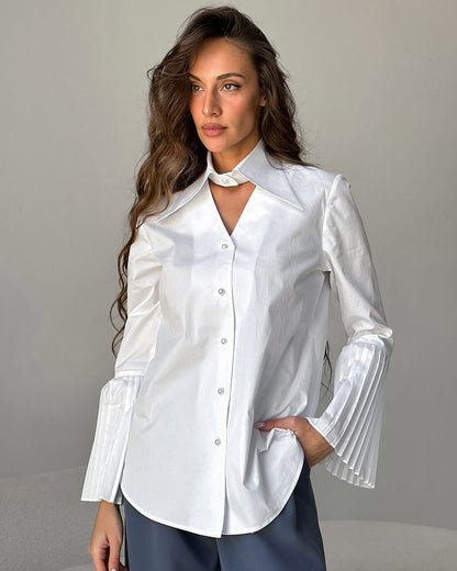 Polo Collar Pure Cotton Pleated Bell Sleeve Shirt | Top for Women | noémi