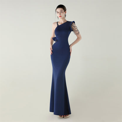 Satin One Shoulder Beaded Fishtail Gown | Cut Out Ruffled Hem Slim Fit | noémi