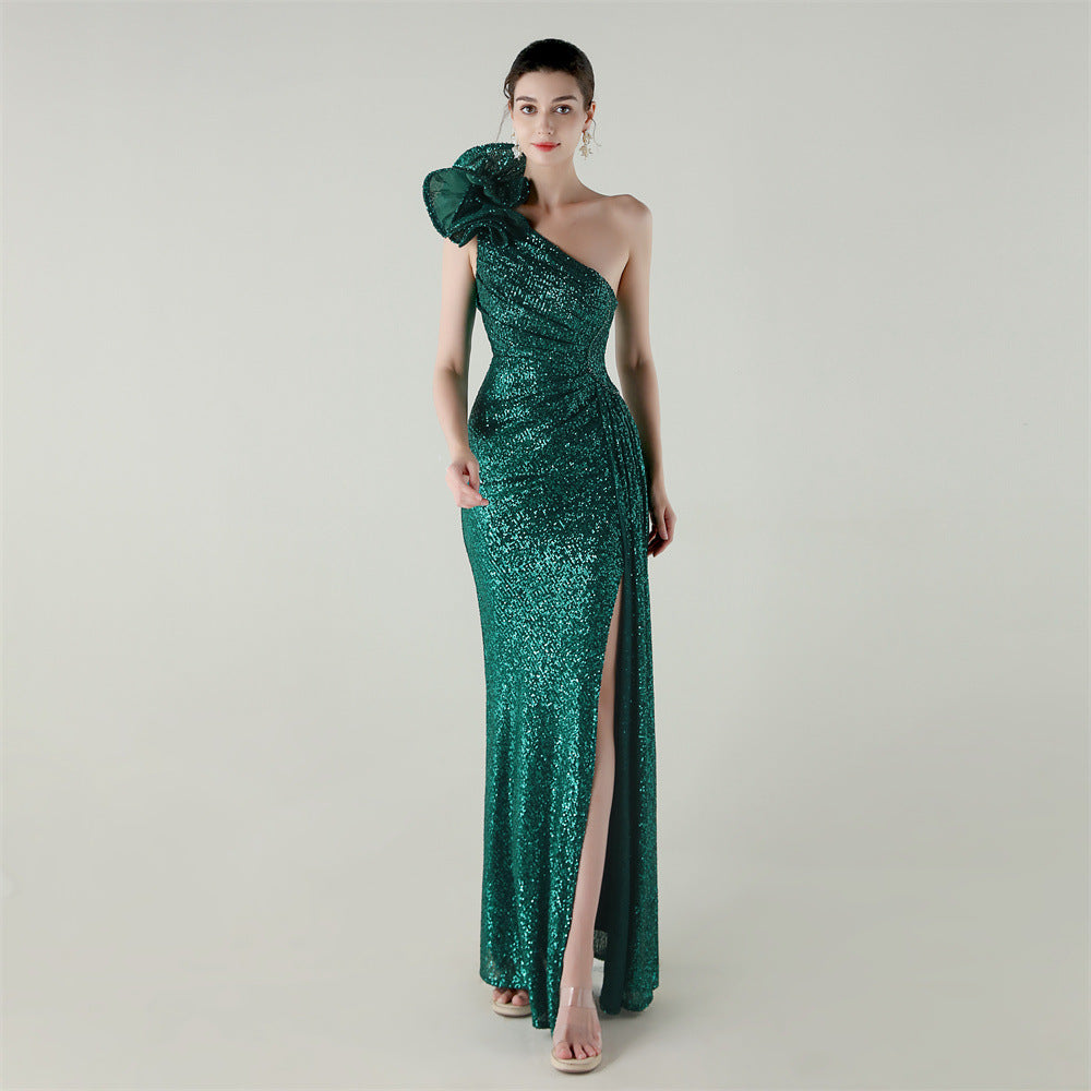 Womens One Shoulder Sequin Beaded Fishtail Gown | Floral Detail, Slim Fit | noémi