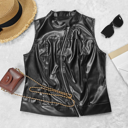 Sleek Stand Collar Faux Leather Vest | Sleeveless Slim Fit with Waist Defining Zipper Detail | noémi