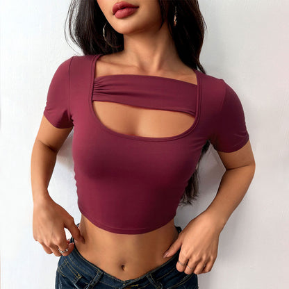 Cropped TShirt | Purplish Red, CutOut Square Neck, Short Sleeve Summer Top | noémi