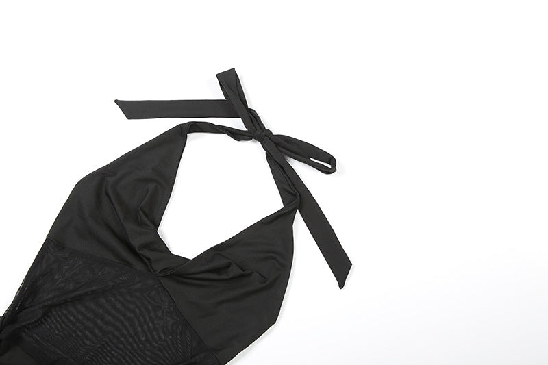 Mesh Halter Dress | Slim Fit Semi Sheer Stitching Tie Back | noémi