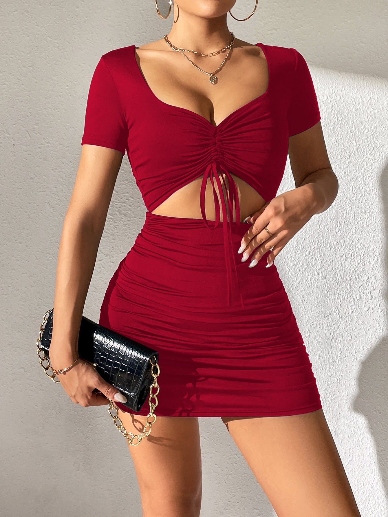 Ruched Cut Out Mini Dress | Tie Front Bodycon Lace Up | Flirty Short Sleeve Dress | noémi