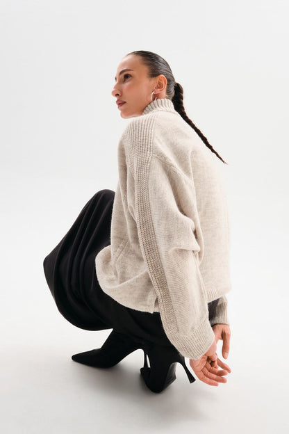 Womens Oversized Knit Sweater | Half Zip, High Neck, Soft Beige Pullover | noémi