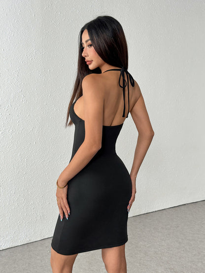 Black Halter Dress | Backless Lace Up High Waist Mini Dress | noémi