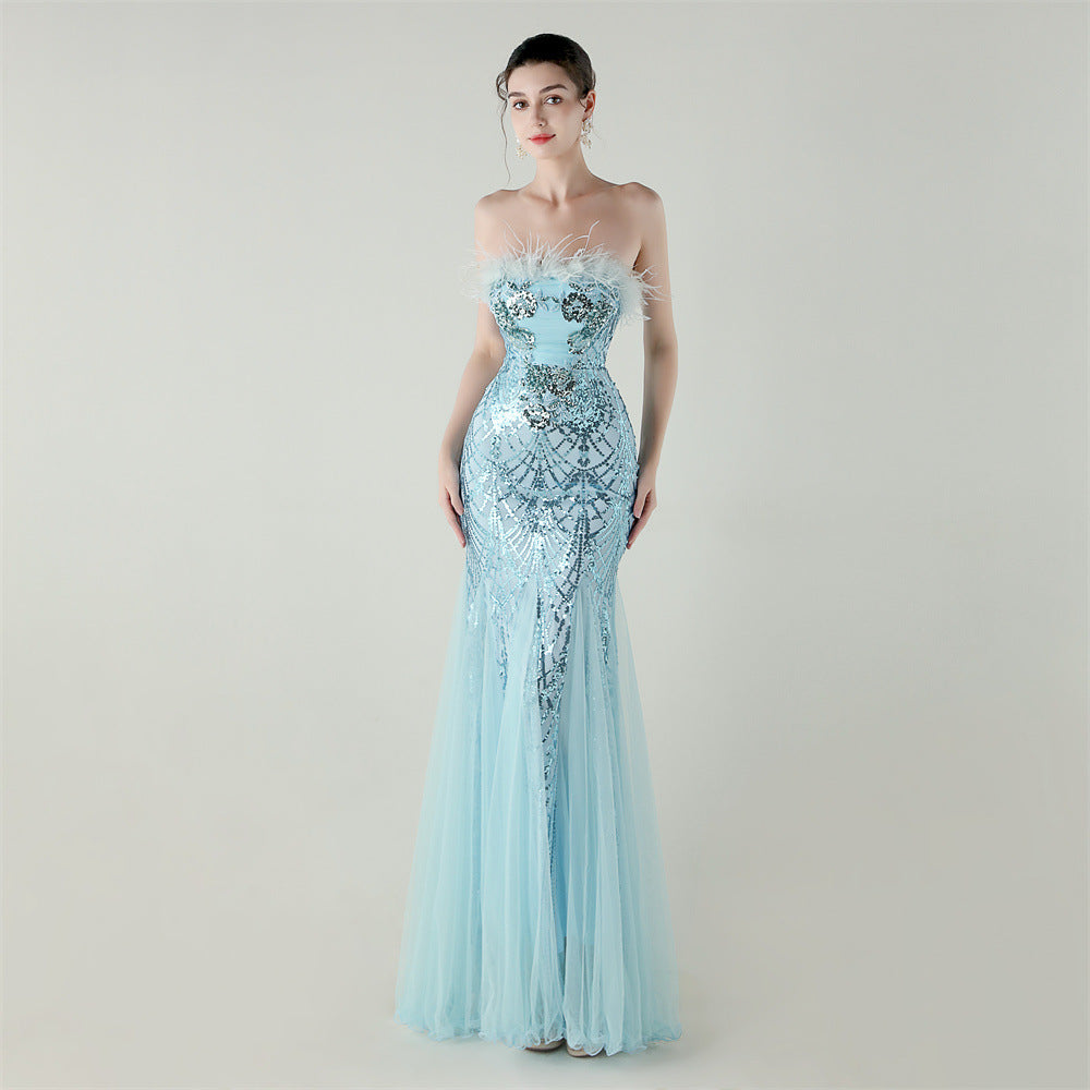 Sequin Beaded Floral Feather Gown | Mesh Fishtail Strapless Cross Back | noémi