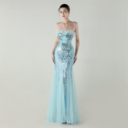 Sequin Beaded Floral Feather Gown | Mesh Fishtail Strapless Cross Back | noémi