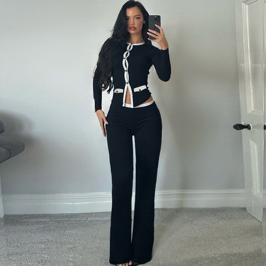 Black & White Two Piece Set | Button Cardigan + High Waist Slim Pants | noémi