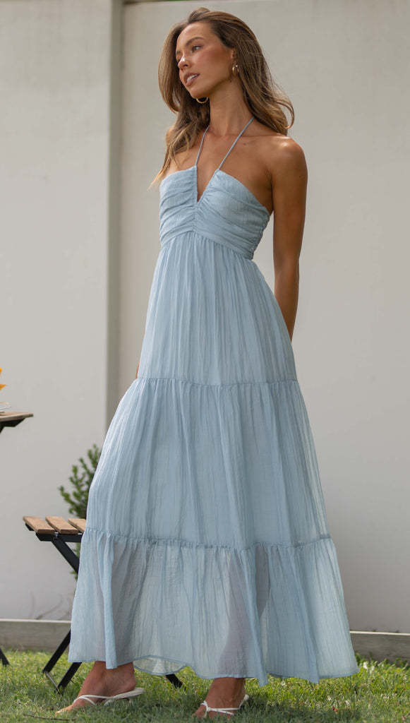 Womens V Neck Maxi Dress | Light Blue Spaghetti Strap, Tiered Skirt, Sleeveless Gown | noémi