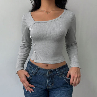 Women’s Ribbed Knit Long Sleeve Crop Top | Diagonal Button Detail | noémi