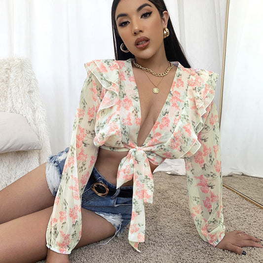 Chiffon Floral Print V Neck Tie | Front Long Sleeve Crop Top for Women | noémi
