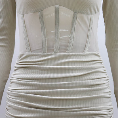 Mesh Hollow Out Waist Cutout Dress | Long Sleeve Pleated Mini Dress for women | noémi