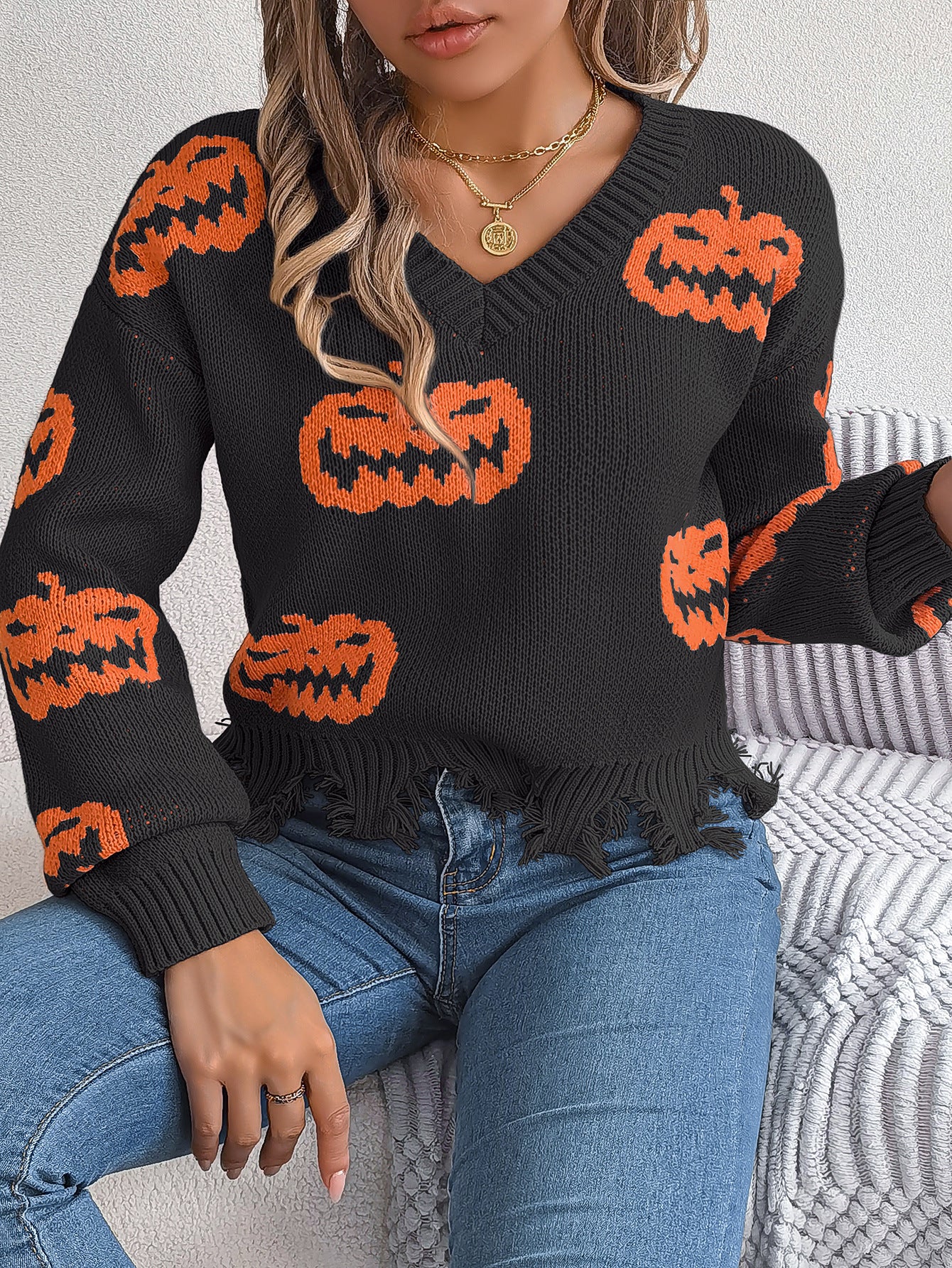 Halloween Pumpkin Sweater for Women | Cut Out Pullover with Distressed Hem | noémi