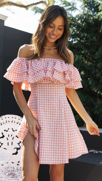 Womens Plaid Off Shoulder Ruffled Dress | noémi
