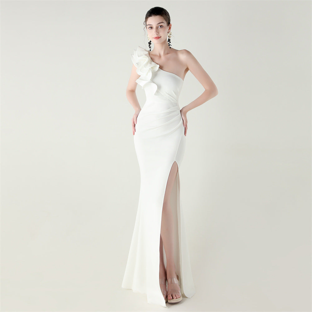 Womens One Shoulder Satin Gown | Floral Detail with High Slit | noémi
