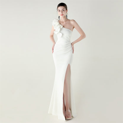 Womens One Shoulder Satin Gown | Floral Detail with High Slit | noémi