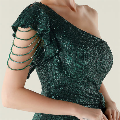 One Shoulder Ruffle Sequin Dress | noémi