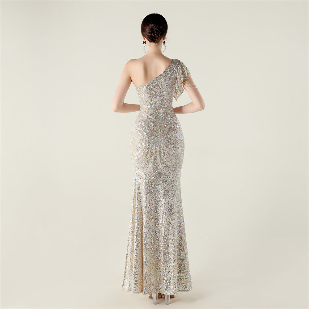 One Shoulder Ruffle Sequin Dress | noémi