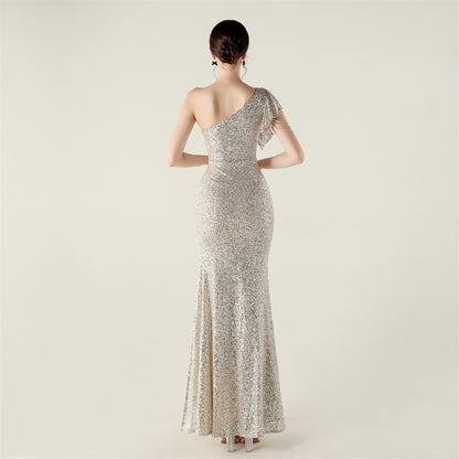 One Shoulder Ruffle Sequin Dress | noémi