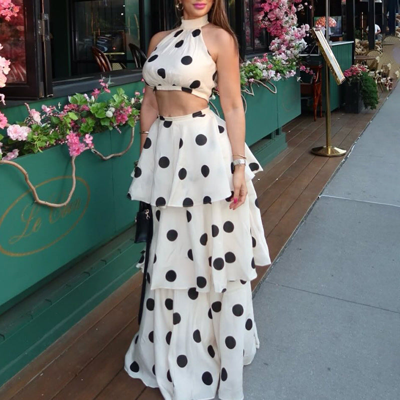 Polka Dot Summer Set | Halter Crop Top with High Waist Flounced Skirt | noémi