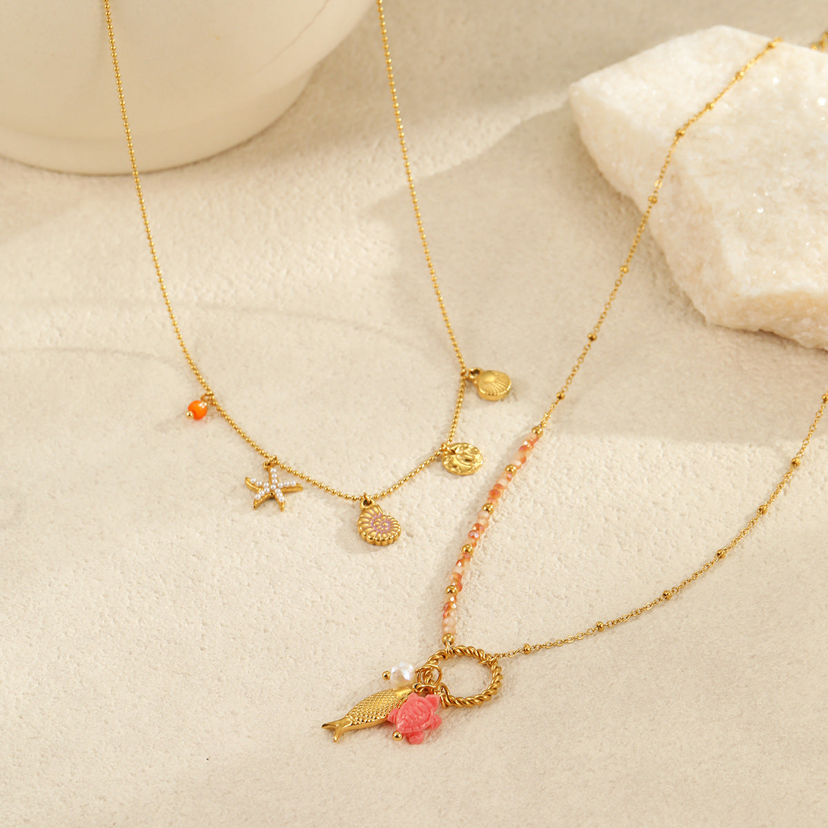 Ocean Inspired Layered Necklace | Gold Stainless Steel with Starfish, Conch & Shell Charms | noémi