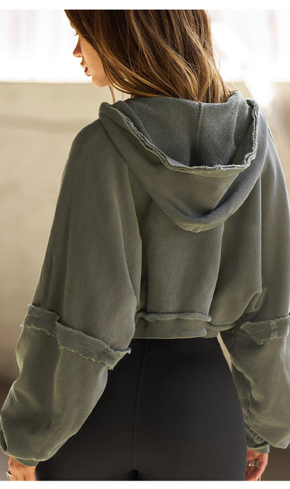 Cropped Hoodie | Frayed Hem, Long Sleeves, Soft Fleece Zip Up Jacket for Women | noémi