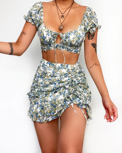 Floral Two Piece Set | U Neck Lace Up Crop Top & Ruched Mini Skirt | noémi