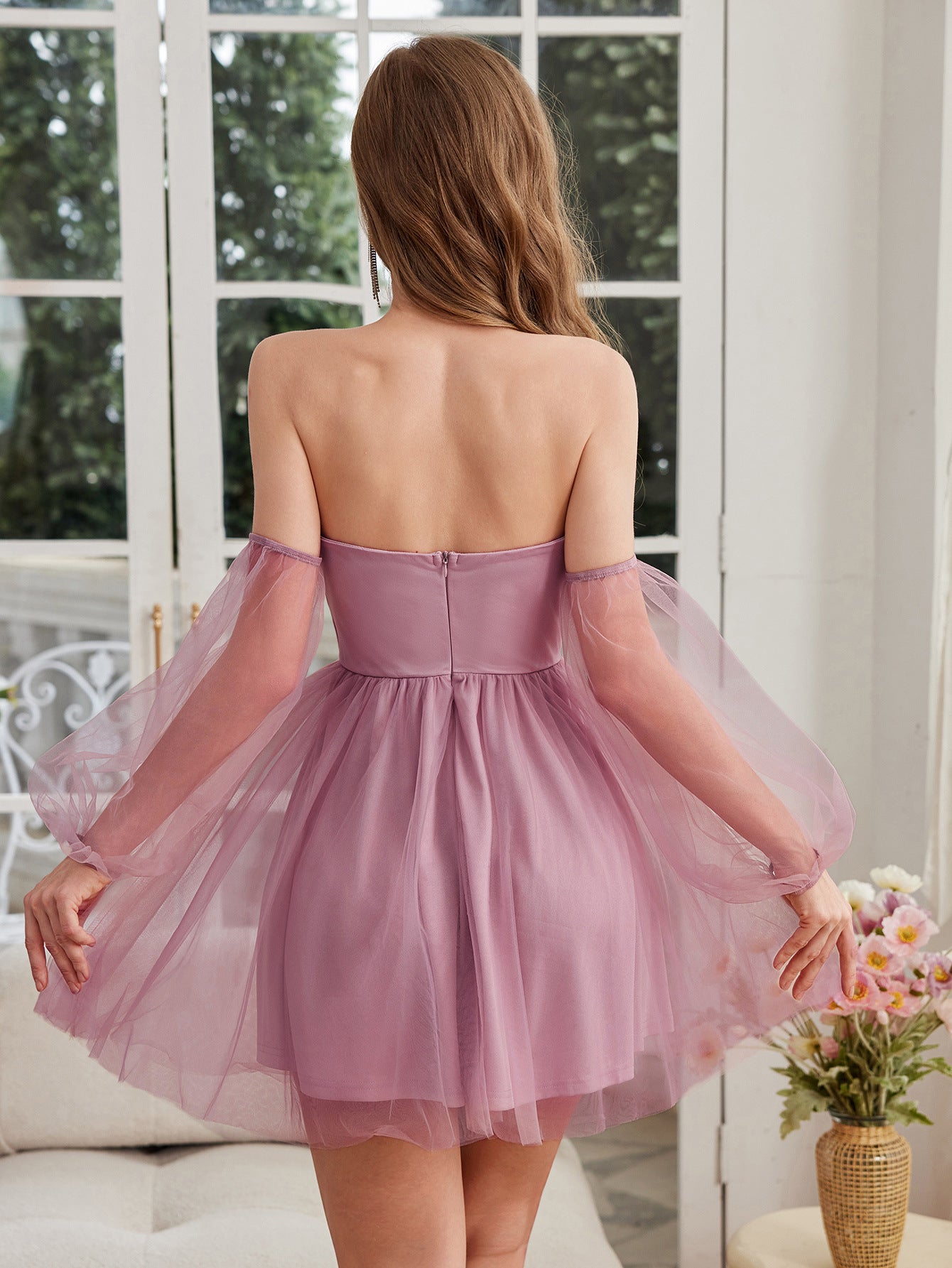 Mesh Tube Dress | Off Shoulder, A Line Fit, Lilac | noémi