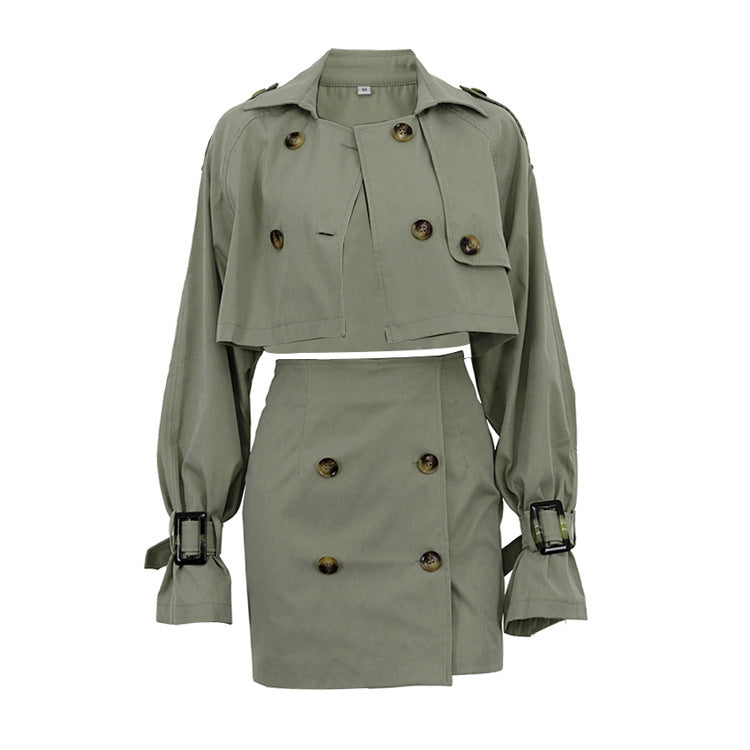 Womens Cropped Trench Coat Set | Chic Button Up Jacket & Mini Skirt Co ord | noémi