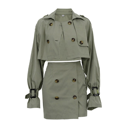 Womens Cropped Trench Coat Set | Chic Button Up Jacket & Mini Skirt Co ord | noémi