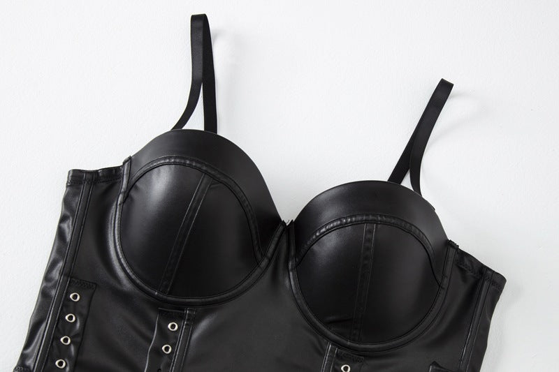 Black Leather Corset Top | Womens Boning Bustier Vest with Adjustable Straps | noémi