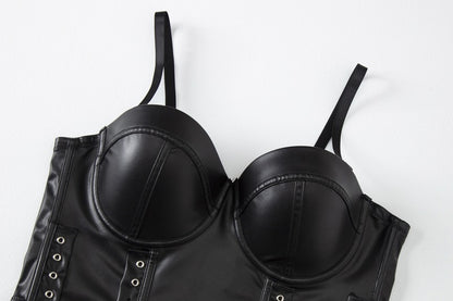 Black Leather Corset Top | Womens Boning Bustier Vest with Adjustable Straps | noémi
