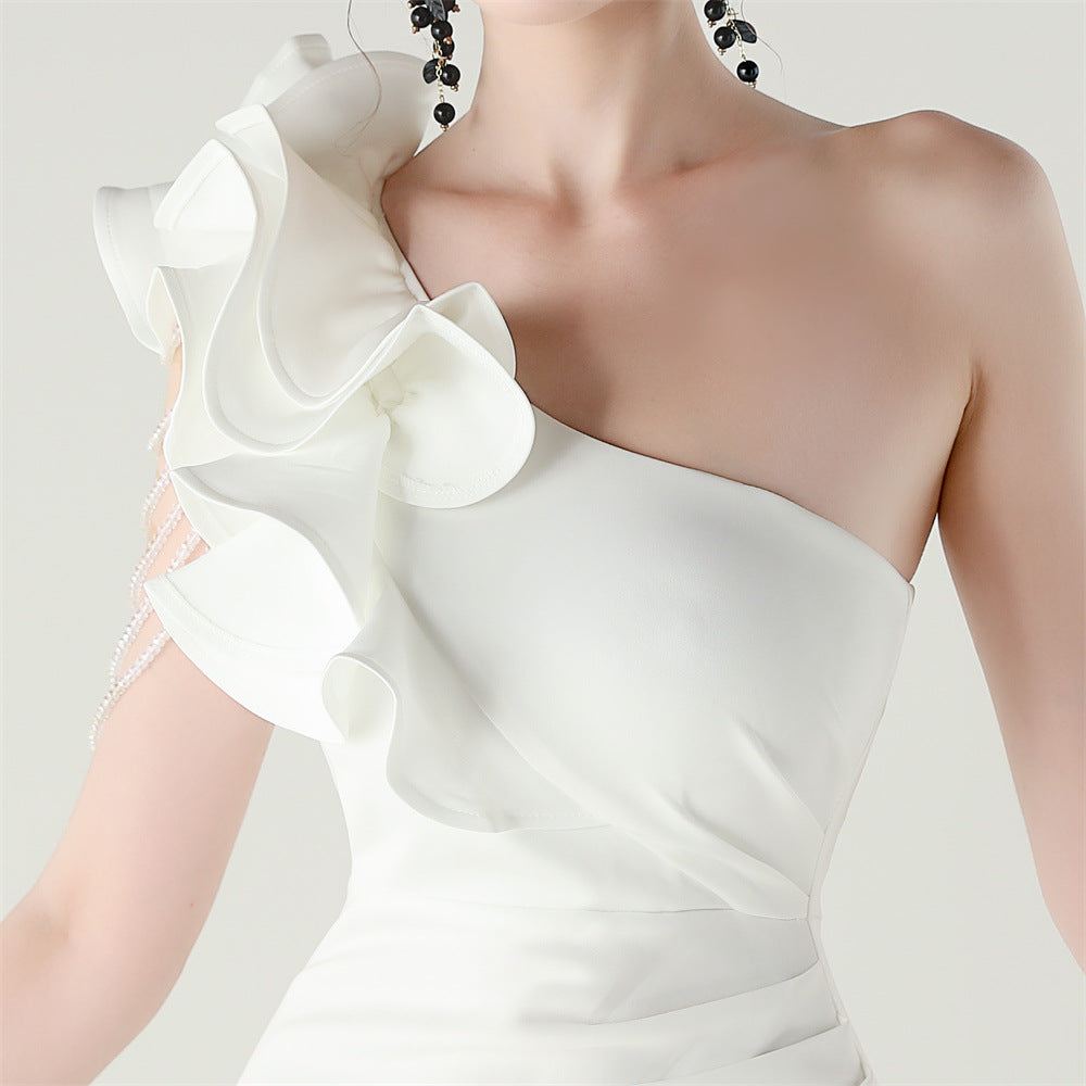 One Shoulder Ruffle Dress with High Slit | Craft Beaded Floral Satin Detail | noémi